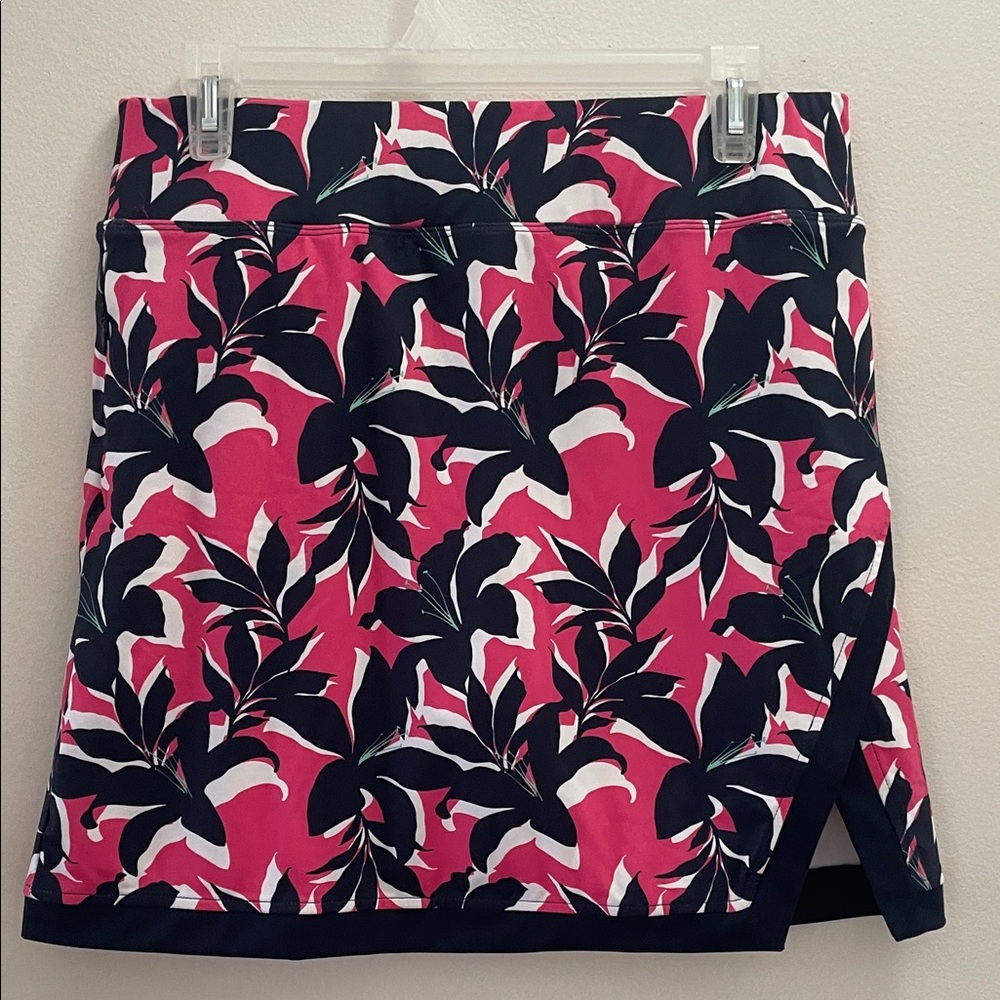 Women's Pink Floral Active Skort with Navy Leaf Print
